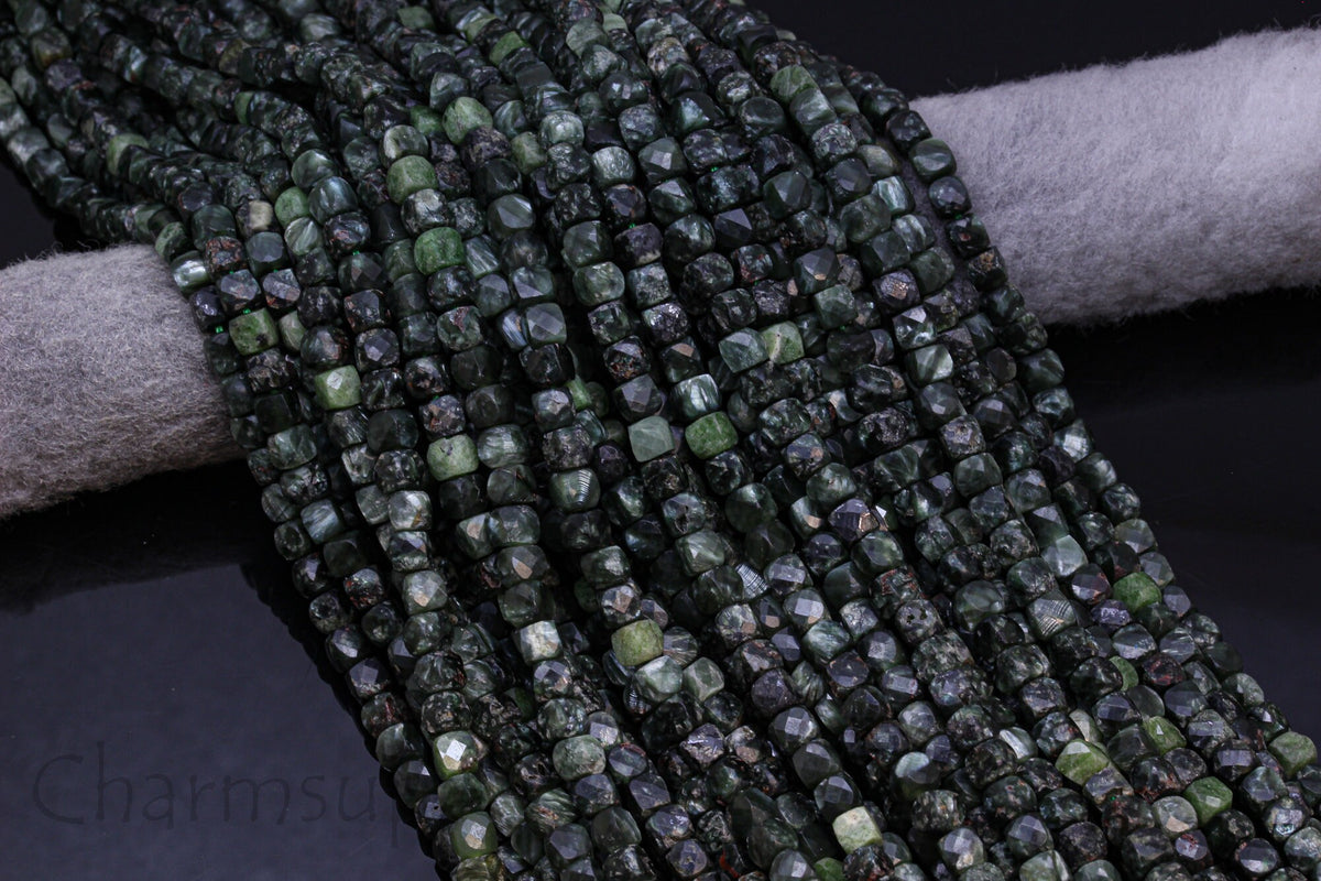 AA Deep Forest Green Natural Seriphinite Faceted Cube Beads, 4mm Faceted Cube, Russian Seriphinite Beads, Sparkly, , Full Strand, WHOLESALE