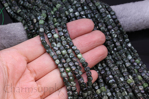 AA Deep Forest Green Natural Seriphinite Faceted Cube Beads, 4mm Faceted Cube, Russian Seriphinite Beads, Sparkly, , Full Strand, WHOLESALE