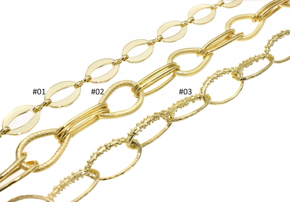 14k Gold Oval Link Flat Chain, Twisted Tear Drop Link Chain, Gold Oval Half Beaded Half Smooth Chain,CHG014,CHG015,CHG016
