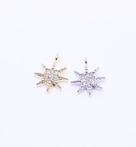 Gold or Silver Starburst cz 12x10mm Charm, Starburst cz Pendant, Great for Layering, 1 pc or 10 pcs, WHOLESALE CPG397,CPS397