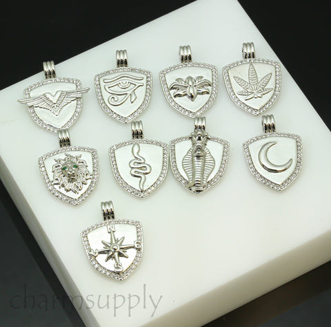 Gold or Silver Shield Pendant,16x23mm, CZ Trimmed, 9 Symbol variations,Protection and lucky shield charm, 1 pc or 10 pcs, WHOLESALE