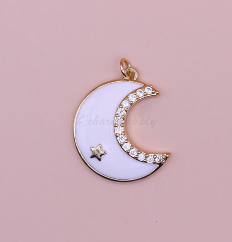 White enamel Moon cz accent Pendant, 22x18mm, crescent moon pendant, moon charm, white moon jewelry,CPG245