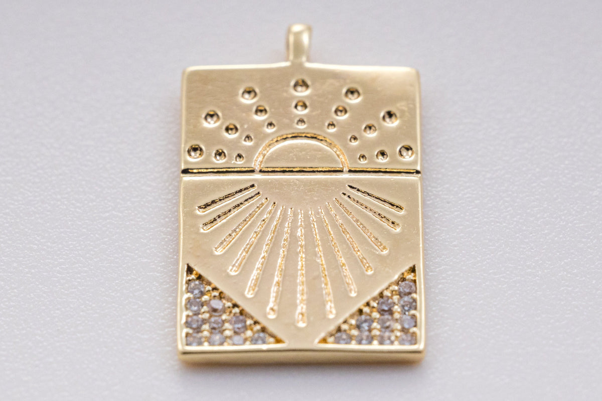 Gold cz sunray rectangle tag, 19x13mm, sunray pendant, Sun Pendant, cz sun pendant, Celestial Jewelry, 1pc or 10pcs, WHOLESALE,CPG375-CPS375