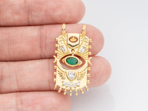 Gold rectangle Evil Eye Pendant, Dangling eye, 2 holes pendant, eye protection cz charm, green cz eye pendant, 28x14mm, CNG013