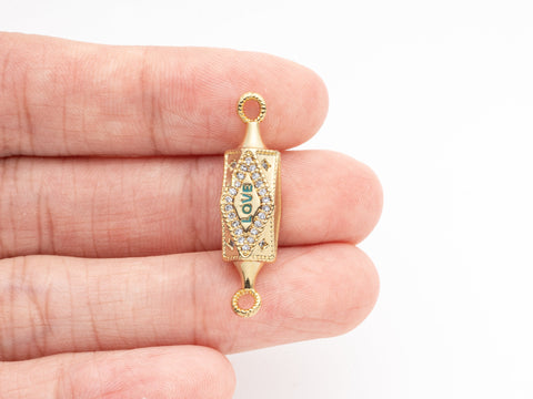 Gold Multi Side Drum Connector, Pave cz Amulet Connector, Amulet Love Connector, Ideal for Pendant Layering, Multi Surface, 23x10mm, CNG025
