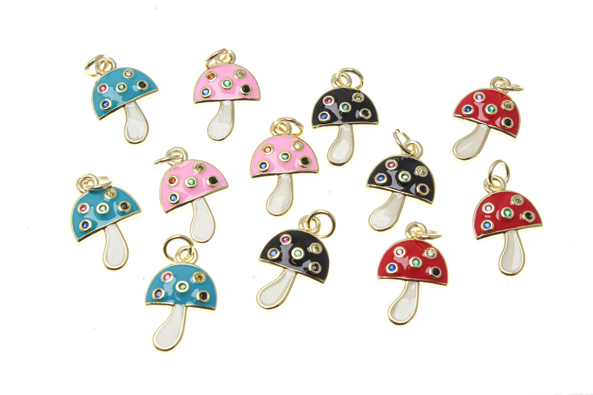 18k Gold Tiny Mushroom Gold Charm, Colorful Micro Pave CZ Stones Enamel Mushroom Pendant, Blue, Pink, Black, or Red, CPG1405