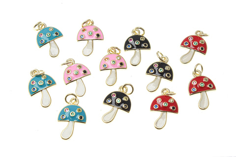 18k Gold Tiny Mushroom Gold Charm, Colorful Micro Pave CZ Stones Enamel Mushroom Pendant, Blue, Pink, Black, or Red, CPG1405