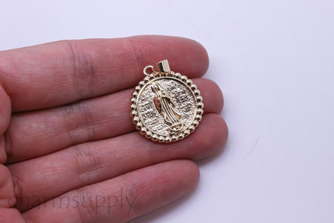 Gold Virgin Mary Round Trimmed Plain Pendant, 22 mm, Religious Theme Jewelry, 1 pc or 10 pcs, WHOLESALE,CPG398