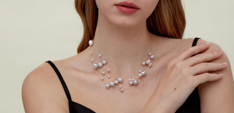 White Shell Pearl Floating Pearl Necklace, Invisible threads Pearl Necklace, Dainty Necklace, Bridal jewelry, Special Occasion, NLG1028