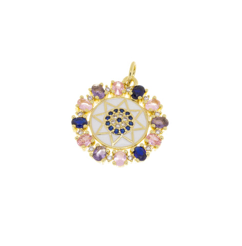 Gold Evil Eye Star Flower Pendant,Circle Evil Eye Amulet Star CZ Charm,Gold Star Multi Color Stone Charm,Jewelry Making Supply,CPG759