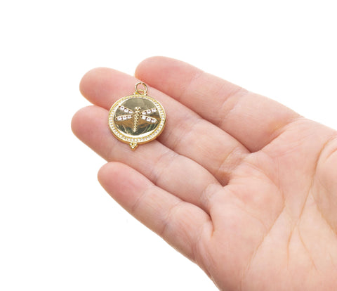 Dragonfly Gold Charm,Disc Dragonfly Pave Charm,Coin Dragonfly Pendant,Dragonfly Charm For Jewelry Making,CPG2437