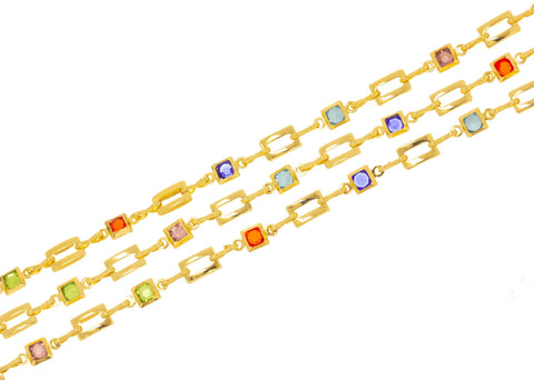 18K Gold Multi Color CZ Bezel Chain,Alternating Bezel Chain With CZ,Rainbow CZ Chain For Jewelry Making,Multi Color Stone Link Chain,CHG118