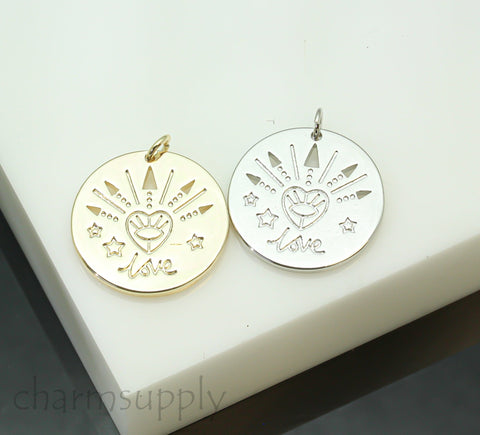 Gold or Silver Love Cut-out Pattern Round Pendant, 22mm, Love cut-out pendant, sign of love and peace,1 pc or 10 pcs,WHOLESALE,CPG708-CPS708