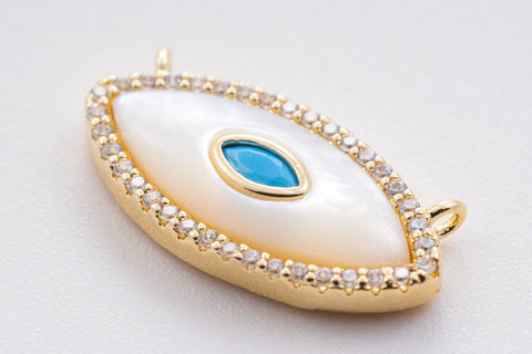 Gold Mother of Pearl Evil eye Pendant, Turquoise cz centered, cz Trim, 22x11mm, Evil eye Jewelry, Protection,1 pc or 10 pcs,WHOLESALE,CNG058