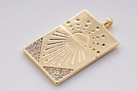 Gold cz sunray rectangle tag, 19x13mm, sunray pendant, Sun Pendant, cz sun pendant, Celestial Jewelry, 1pc or 10pcs, WHOLESALE,CPG375-CPS375