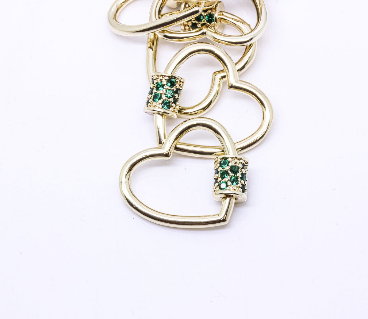 Gold Emerald Green cz Heart Carabiner Lock, 20mm, Screw on clasp, Open Heart Lock, 1pcs or 10 pcs, WHOLESALE