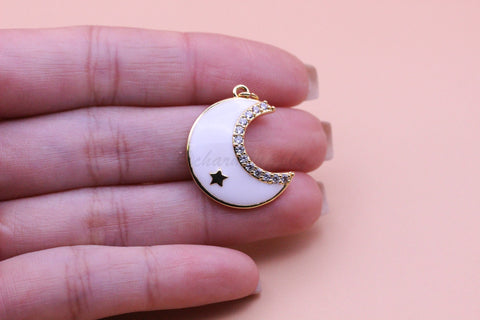 White enamel Moon cz accent Pendant, 22x18mm, crescent moon pendant, moon charm, white moon jewelry,CPG245