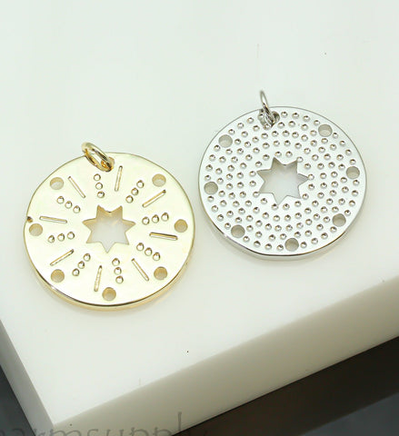 Gold or Silver Star Cut-out Pattern Round Pendant, 22mm, star cut-out pendant, 1 pc or 10 pcs, WHOLESALE,CPG187,CPS187