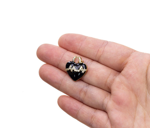 Heartbeat Charm With CZ,Gold Heartbeat pulse Charm,Black Enamel Heart Charm For Necklace Or Earrings,CPG2450