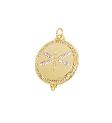 Dragonfly Gold Charm,Disc Dragonfly Pave Charm,Coin Dragonfly Pendant,Dragonfly Charm For Jewelry Making,CPG2437
