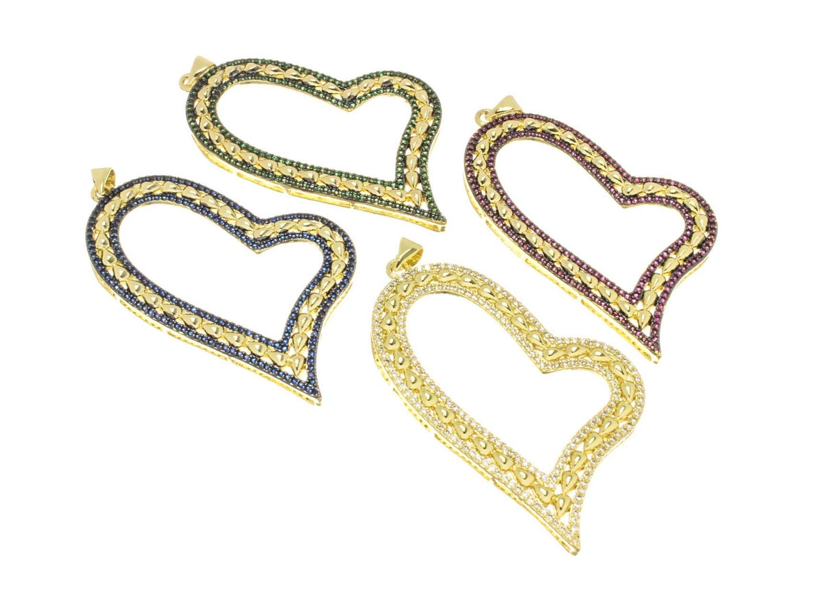 Large Pave 18k Gold Heart Charm, CZ Heart Charm, Cut Out  Heart Charm For Jewelry,Gold Heart Charm For Necklace, 4 Diff colors CPG2504