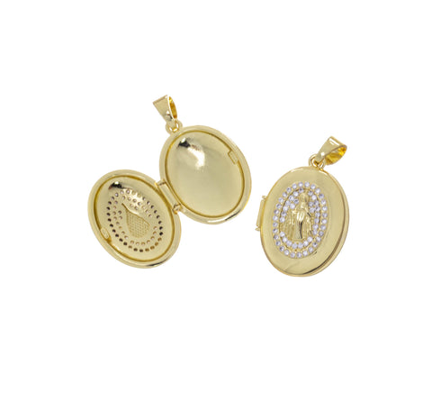 Open Hand Virgin Mary Locket Charm,Gold Religious Locket Charm For Necklace,Photo Locket Charm,Pave CZ Gold Locket Charm,CPG2532