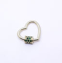 Gold Emerald Green cz Heart Carabiner Lock, 20mm, Screw on clasp, Open Heart Lock