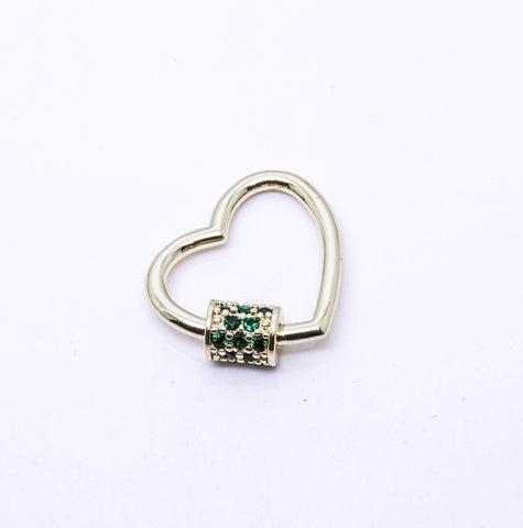 Gold Emerald Green cz Heart Carabiner Lock, 20mm, Screw on clasp, Open Heart Lock, 1pcs or 10 pcs, WHOLESALE