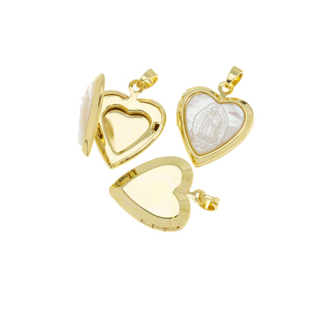 Guadalupe Gold Heart Locket,Locket Heart Charm For Necklace,Gift For A Friend,Heart Shape Locket With Mother Of Pearl,CPG491