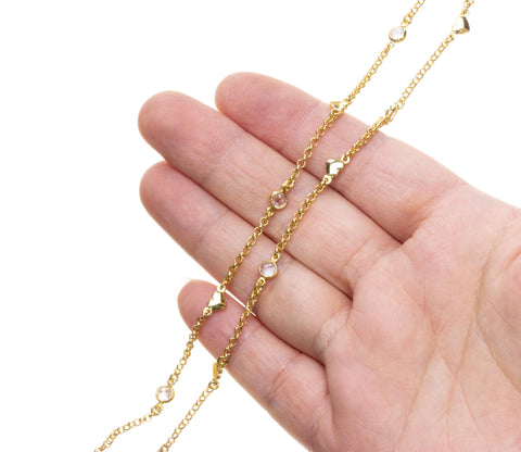14k Gold Diamond By Yard Heart Chain,Heart Chain For Jewelry Making,CZ Heart Diamond By The Yard  Chain For Necklace And Bracelet,CHG115