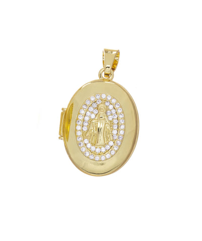 Open Hand Virgin Mary Locket Charm,Gold Religious Locket Charm For Necklace,Photo Locket Charm,Pave CZ Gold Locket Charm,CPG2532