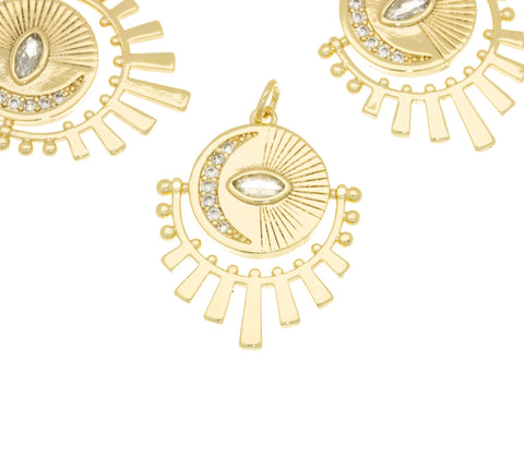 Gold or Silver Evil Eye Elongated Pendant, Sun Ray and Moon, Eye Guardian, 27x22mm, 1 pc or 10 pcs, WHOLESALE,CPG102