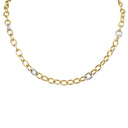 A gold chain necklace with alternating gold and silver oval links, displayed against a solid white background.