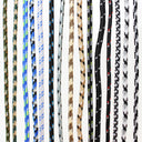 A vertical lineup of ten different braided and twisted cords or ropes in various colors and patterns, including black, blue, green, beige, white, and red accents, set against a plain white background.