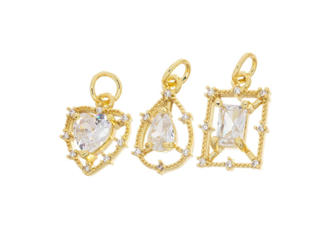 Dainty Gold Charms For Necklace,Heart Charm,Tear Drop Charm,Emerald Cut Charm,Small Necklace Charms With CZ,CPG2492-94-96