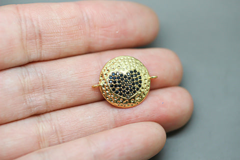 Gold Textured Black cz Heart Connector, Heart connector, textured heart, black heart connector, Heart Link, 1 pc or 10 pcs, WHOLESALE CNG041