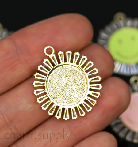 Gold Large Smiley Round Trimmed with Baguette cz Charm, Enamel Smiley face charm, 6 colors, 22mm, 1 pc or 10 pcs, WHOLESALE,CPG369