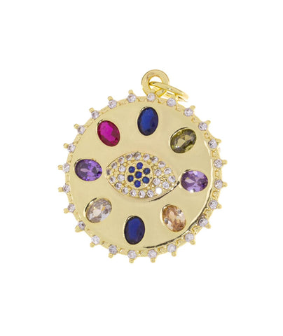 Gold Evil Eye Coin Pendant,Circle Evil Eye Amulet CZ Charm,Gold Multi Color Stone Charm,Jewelry Making Charm Supply,CPG760