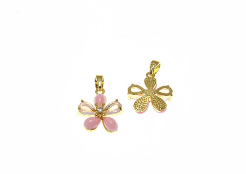 18k Gold or Silver Dainty Flower Charm With CZ, Pink Flower,  Gold Pave CZ Charm For Necklace Or Bracelet Making,CPG2268G,CPS2268G,CPG2268P,