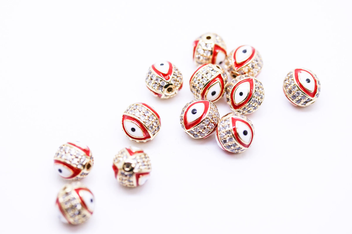 Evil eye Pave Red Enamel Ball (7.5-8mm,10mm), 1pc, 10 pcs, WHOLESALE