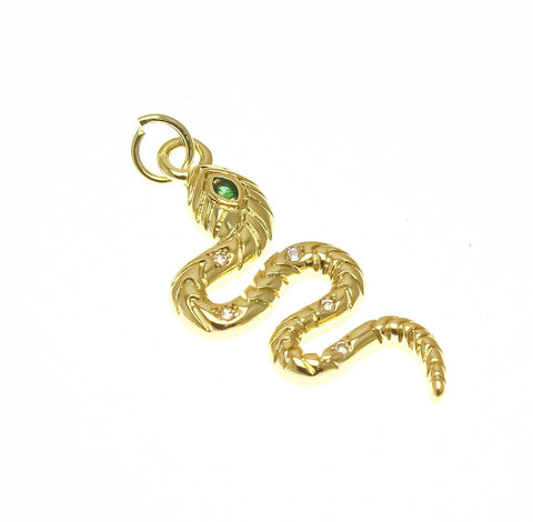 Tiny Cute Gold CZ Serpent Snake Pendant or Charm, Green Eye Detail, Textured Gold Snake, CZ Serpent Snake, WHOLESALE, CPG2335