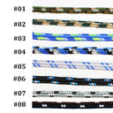 Eight braided cord options labeled #01 through #08, shown horizontally on a white background. The cords are woven with multiple colors including green, brown, blue, yellow, black, white, and silver, representing different colorways.