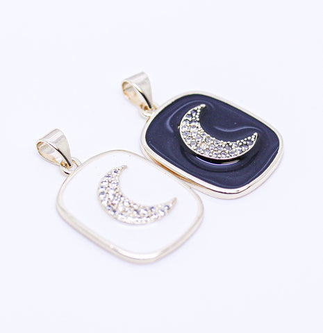 Gold Moon Enamel Tag Pendant, Red, Blue, Black or White, 1 pc or 10 pcs, WHOLESALE