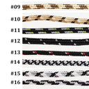 Six braided cord strands shown in a row with printed labels #09 through #16 on a white background. The cords are woven with black, white, tan, green, red, and gray threads in various patterns.
