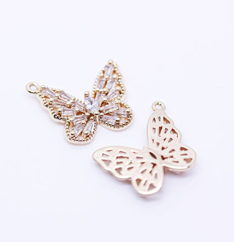 Gold Butterfly cz Baguette set, 16x13mm, Sideway Pendant, gold butterfly pendant, CPG093,CPS093