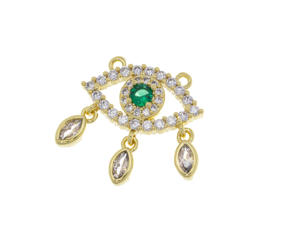 Gold Pave Evil Eye Connector Necklace Charm,CZ Evil Eye Connector Charm,Evil Eye Connector With Baguette CZ,CNG057