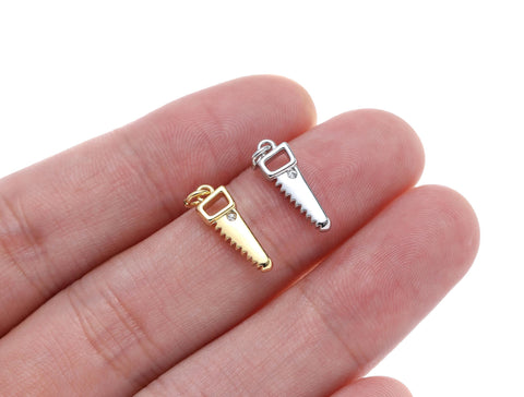 Gold And Silver Wood Cutting Saw Charm With CZ,Permanent Jewelry Making saw Charm,Wood Saw Charm For Jewelry Making,CPG-CPS1465