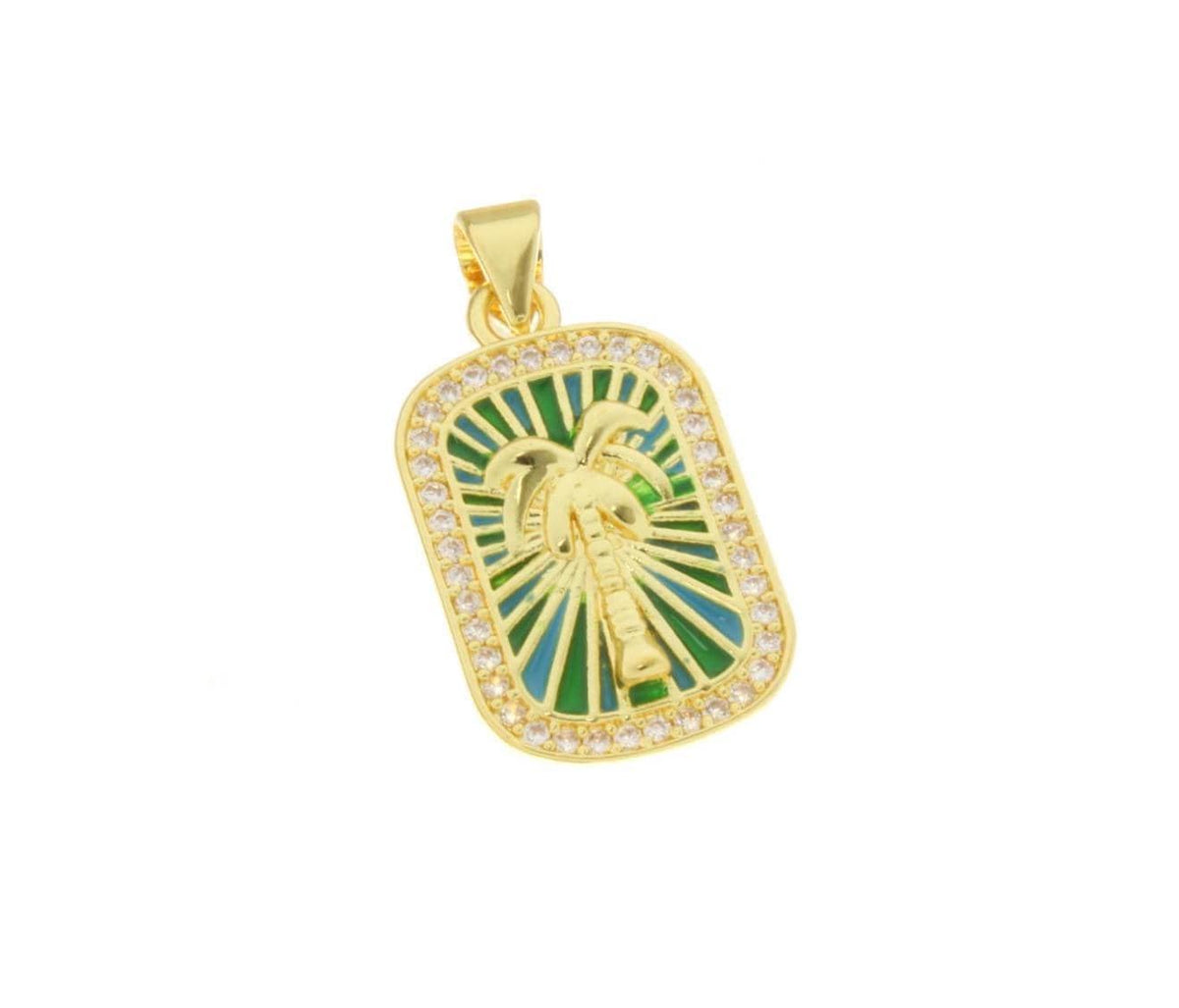 18k Gold Palm tree Pendant, Green Blue Tropical Palm Tree Charm, CZ Stone Detail, Super Sparkly Charm, CPG2513