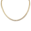 A gold tennis necklace featuring round white mother-of-pearl inlays, displayed against a solid white background.