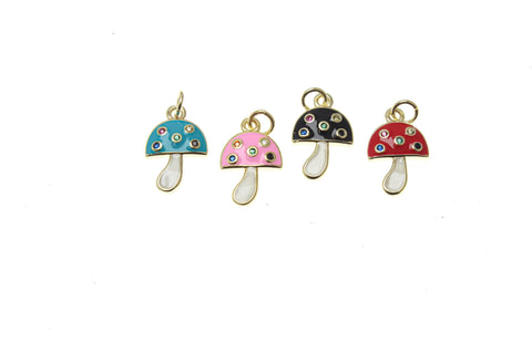 18k Gold Tiny Mushroom Gold Charm, Colorful Micro Pave CZ Stones Enamel Mushroom Pendant, Blue, Pink, Black, or Red, CPG1405